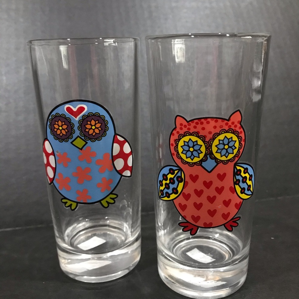 Highball Cylinder Glasses Hippie Owl Decal 7oz Boho Kitchy Office Dorm Room Deco